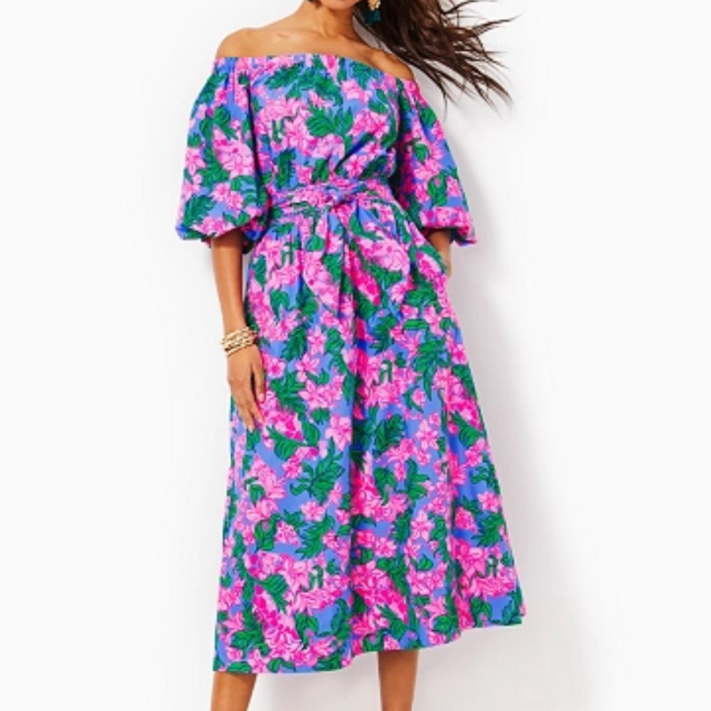 Lilly Pulitzer Shawnlee Elbow Sleeve Off-The-Shoulder Cotton Midi Dress